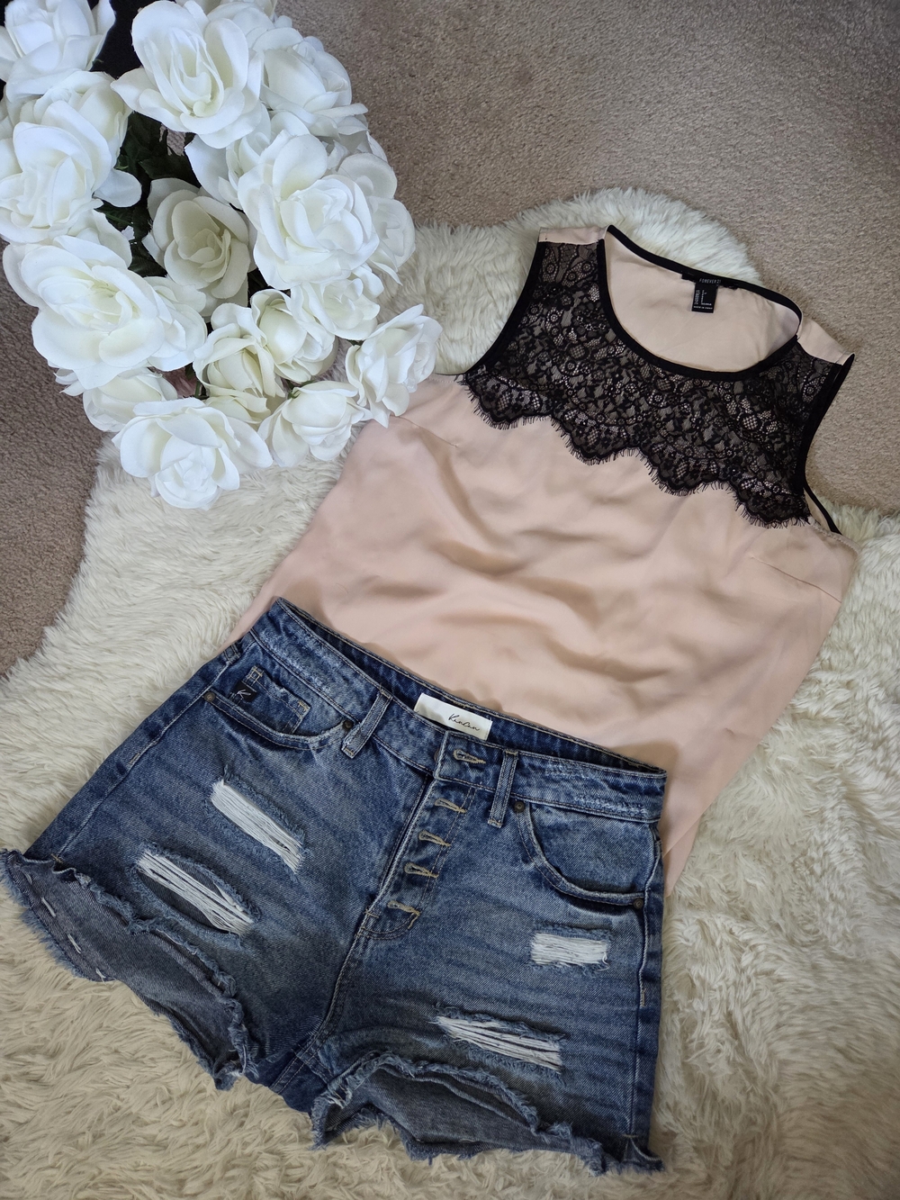 Ladies Lace Yoke Shell Top - Blush Pink